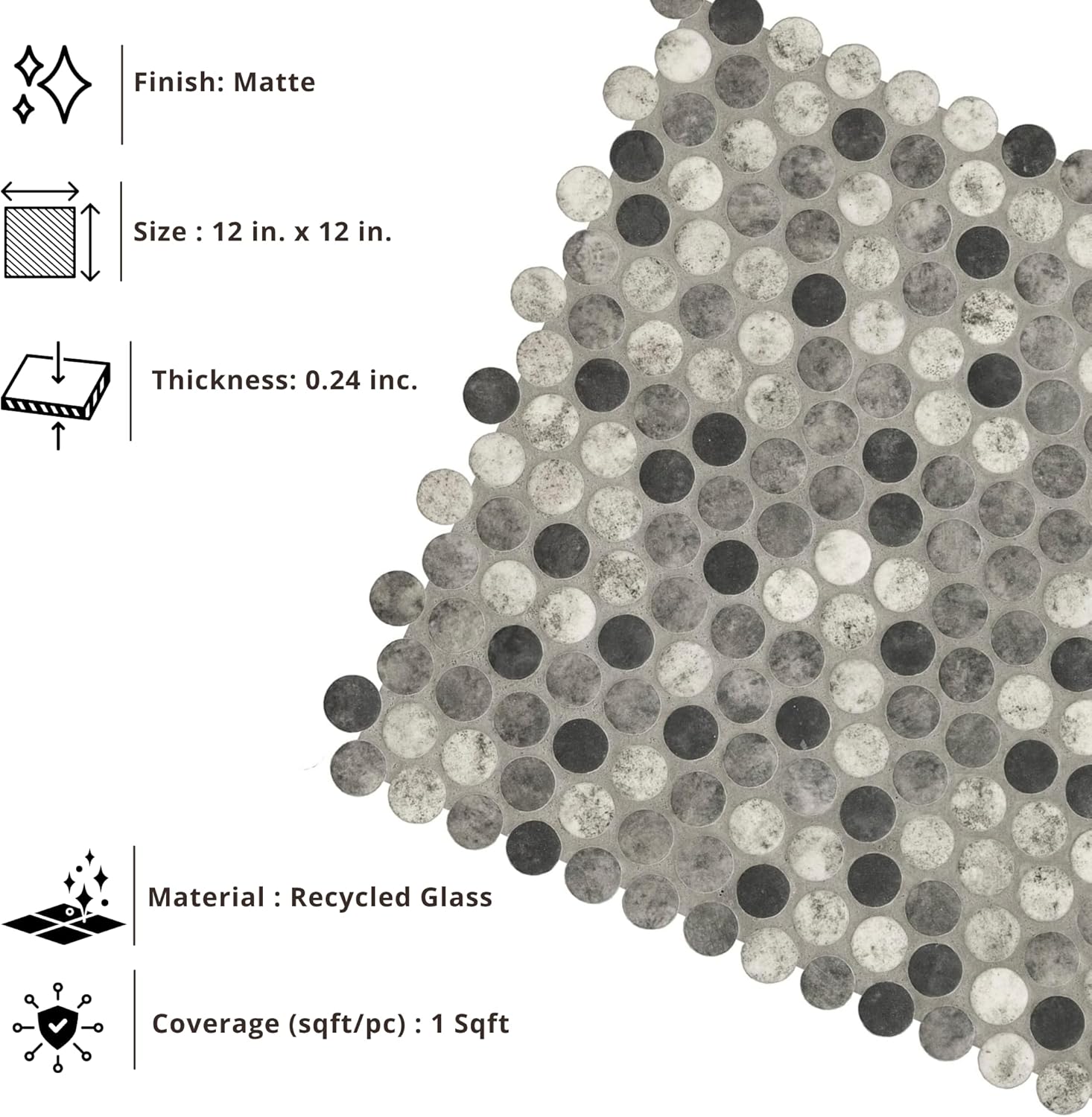Tenedos Gray Black Mix Penny Round Recycled Glass Mosaic Tile – 12x12 Matte Finish for Wall, Floor, Bathroom, and Kitchen (5 Sheets, 5 Sqft Total Coverage)