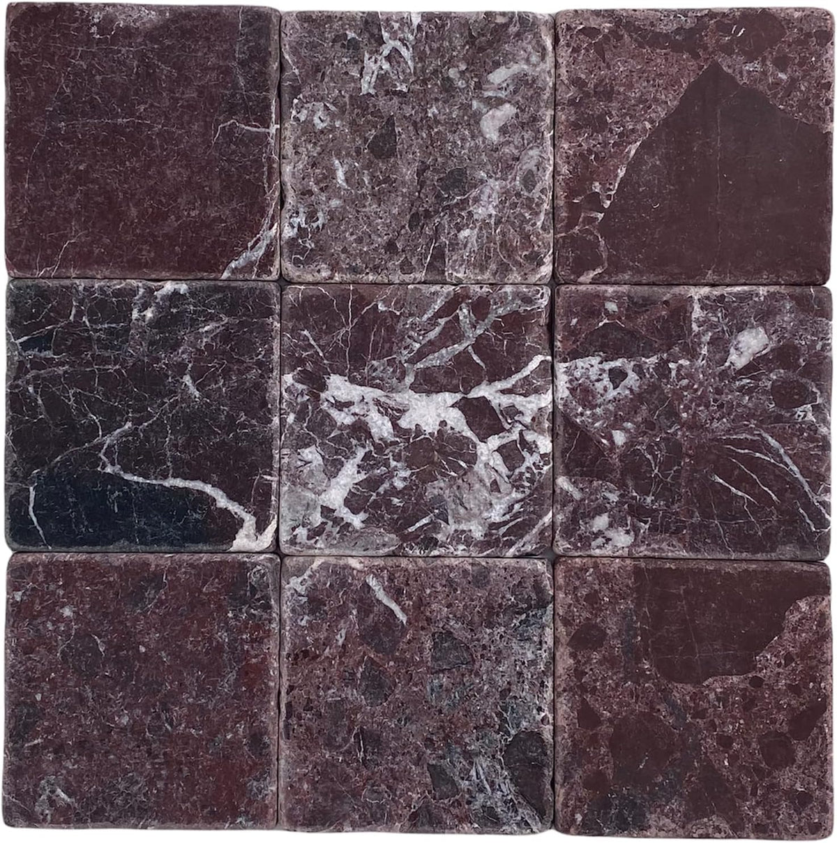 Vintage Burgundy Marble 4x4 Aged Tumbled Tile - Indoor & Outdoor Use (1 Sq.Ft - 9 Pcs)