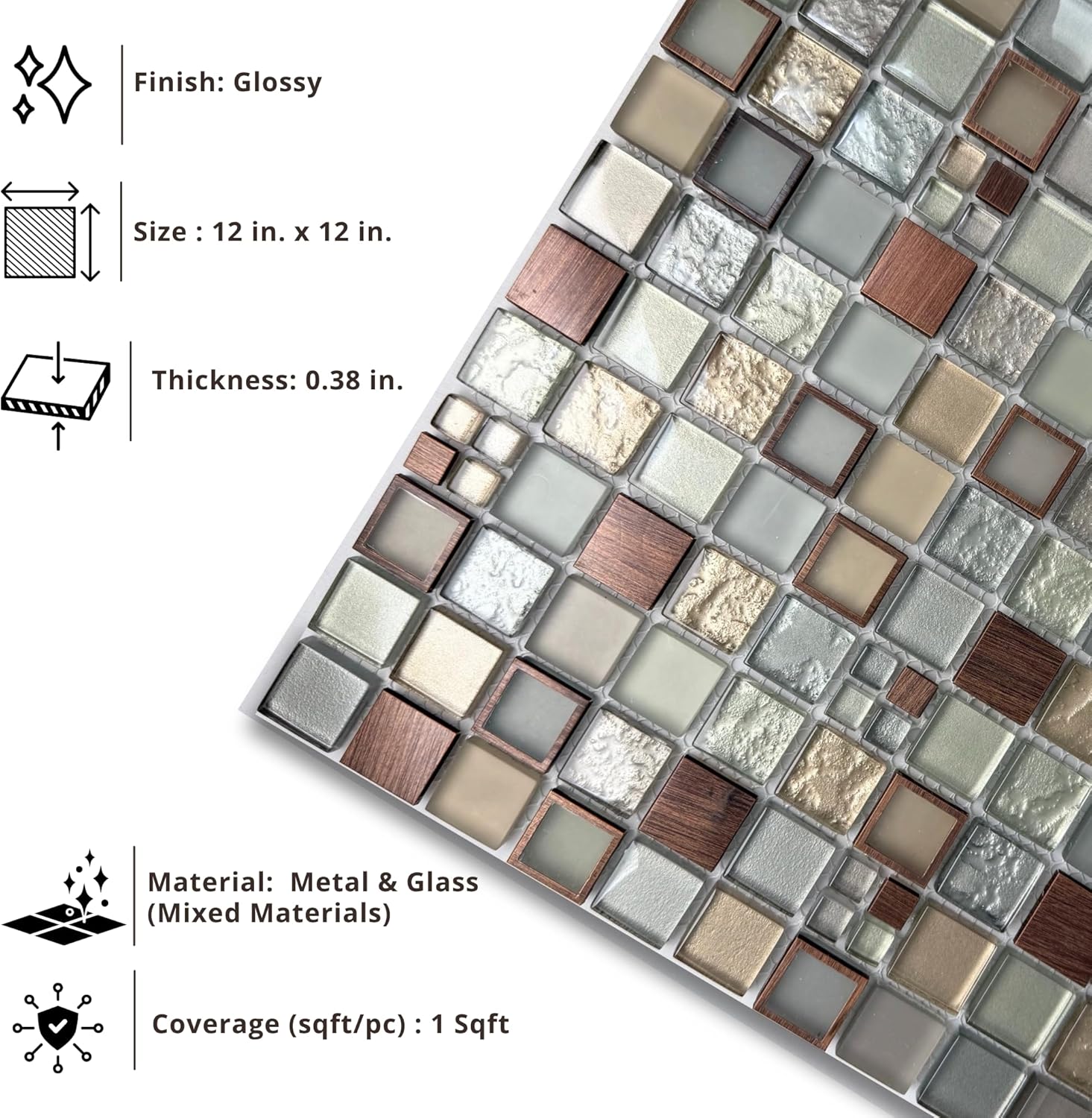 Tenedos Urban Alloy Glass & Metal Mosaic Tile 12" x 12" Mesh-Mounted Sheet – Bronze Gray Mix for Wall, Backsplash, and Fireplace Accent (5 Sheets)