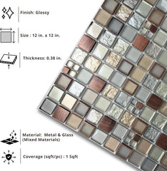 Tenedos Urban Alloy Glass & Metal Mosaic Tile 12" x 12" Mesh-Mounted Sheet – Bronze Gray Mix for Wall, Backsplash, and Fireplace Accent (5 Sheets)