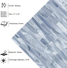 Tenedos HTCFD 2x12 Polished Blue Swirl Glass Wall Tile, Marble-Effect Linear Design, Straight Edge Decorative Tile for Backsplash and Shower Walls