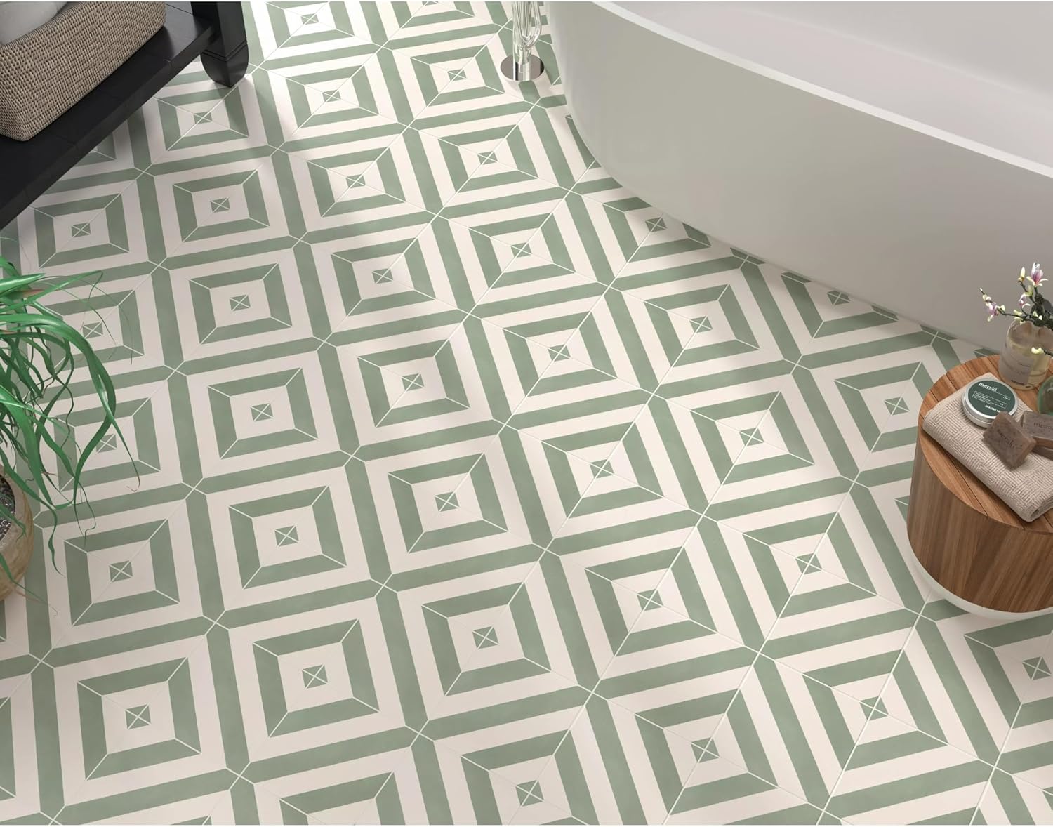 Tenedos Sage Linea 8" x 8" Matte Porcelain Tile for Wall and Floor, Diagonal Stripe Green and White Pattern, Modern Geometric Design, Indoor Outdoor Use