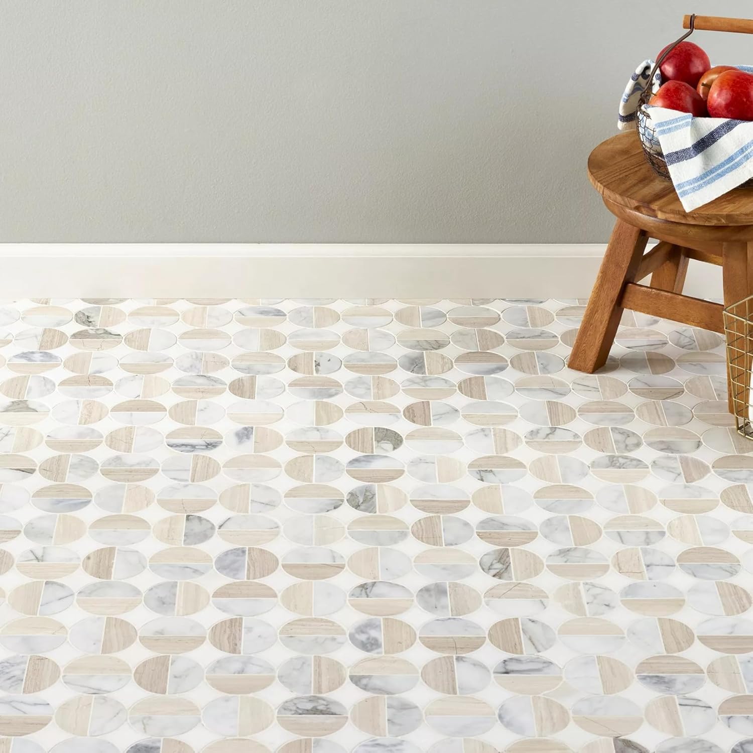 Tenedos Lunar Harmony Circles Marble Mosaic Tile – Polished Multi-Tone Natural Stone Pattern, 13x13 Mesh Sheet for Bathroom Walls, Shower Floors, Kitchen Backsplash (1 Sheet)