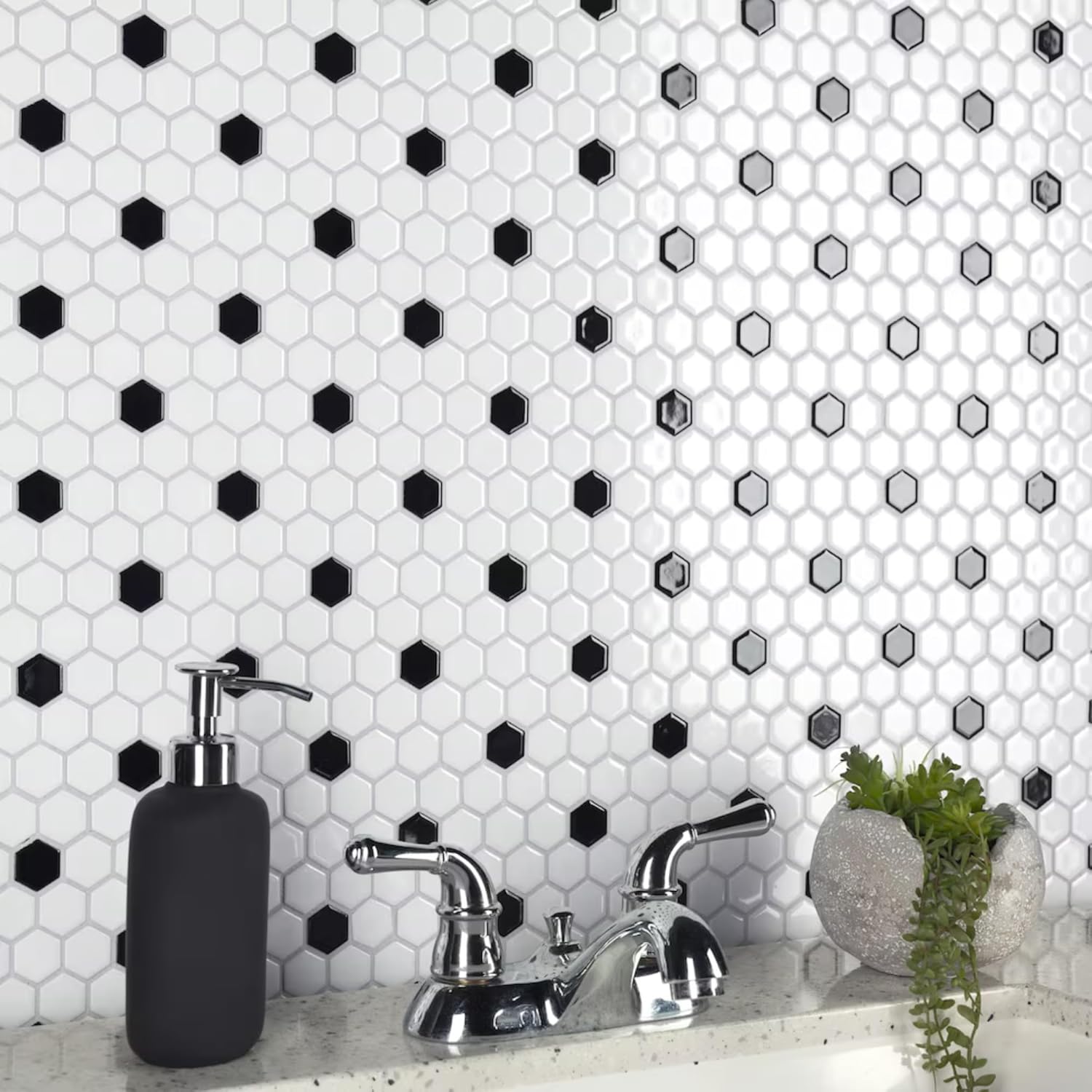Tenedos White and Black Hexagon Polished Porcelain Mosaic Tile – Classic Glossy Geometric Wall and Floor Tile for Bathroom, Kitchen, and Backsplash (5 Sheets)