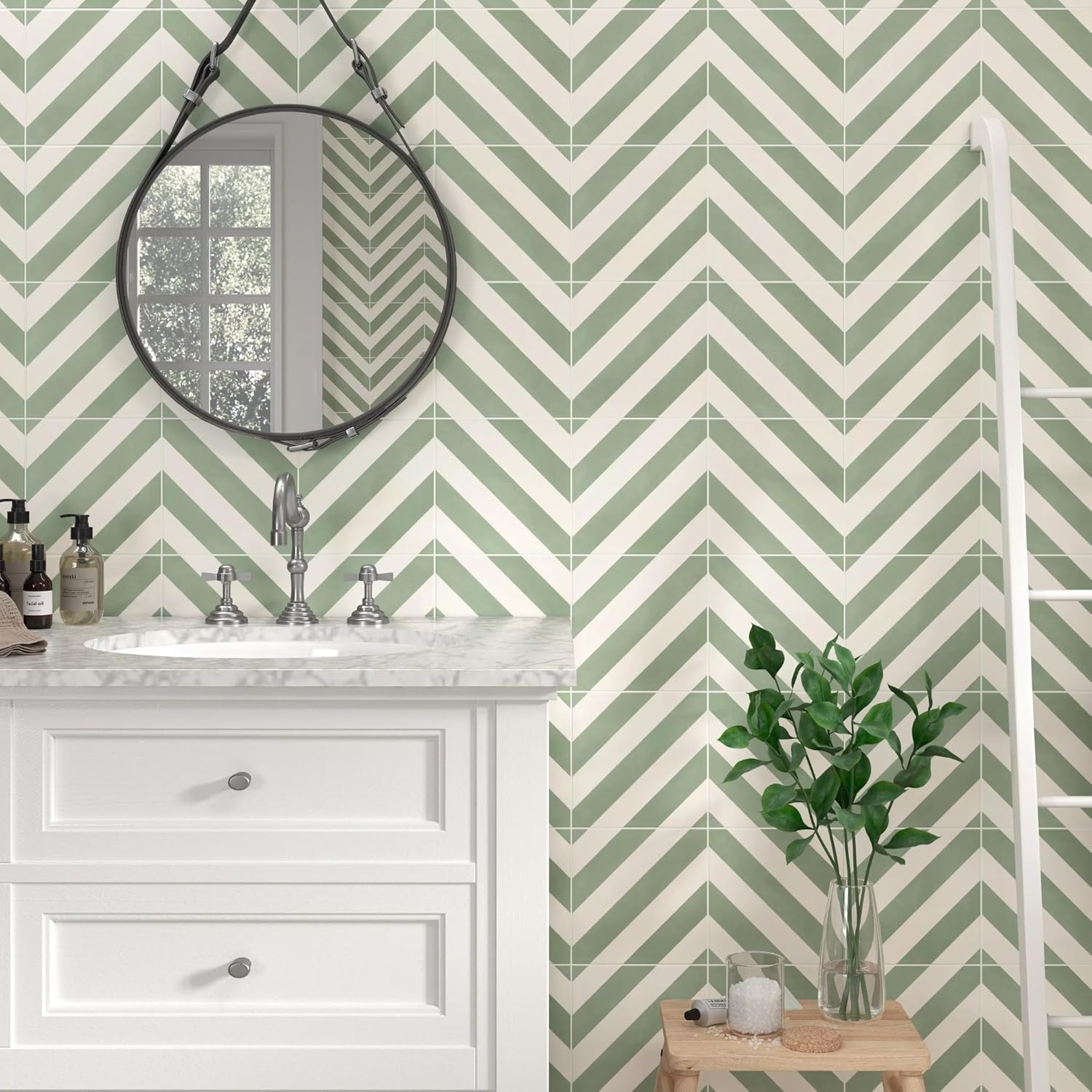 Tenedos Sage Linea 8" x 8" Matte Porcelain Tile for Wall and Floor, Diagonal Stripe Green and White Pattern, Modern Geometric Design, Indoor Outdoor Use