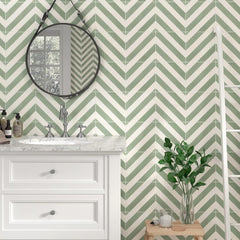 Tenedos Sage Linea 8" x 8" Matte Porcelain Tile for Wall and Floor, Diagonal Stripe Green and White Pattern, Modern Geometric Design, Indoor Outdoor Use