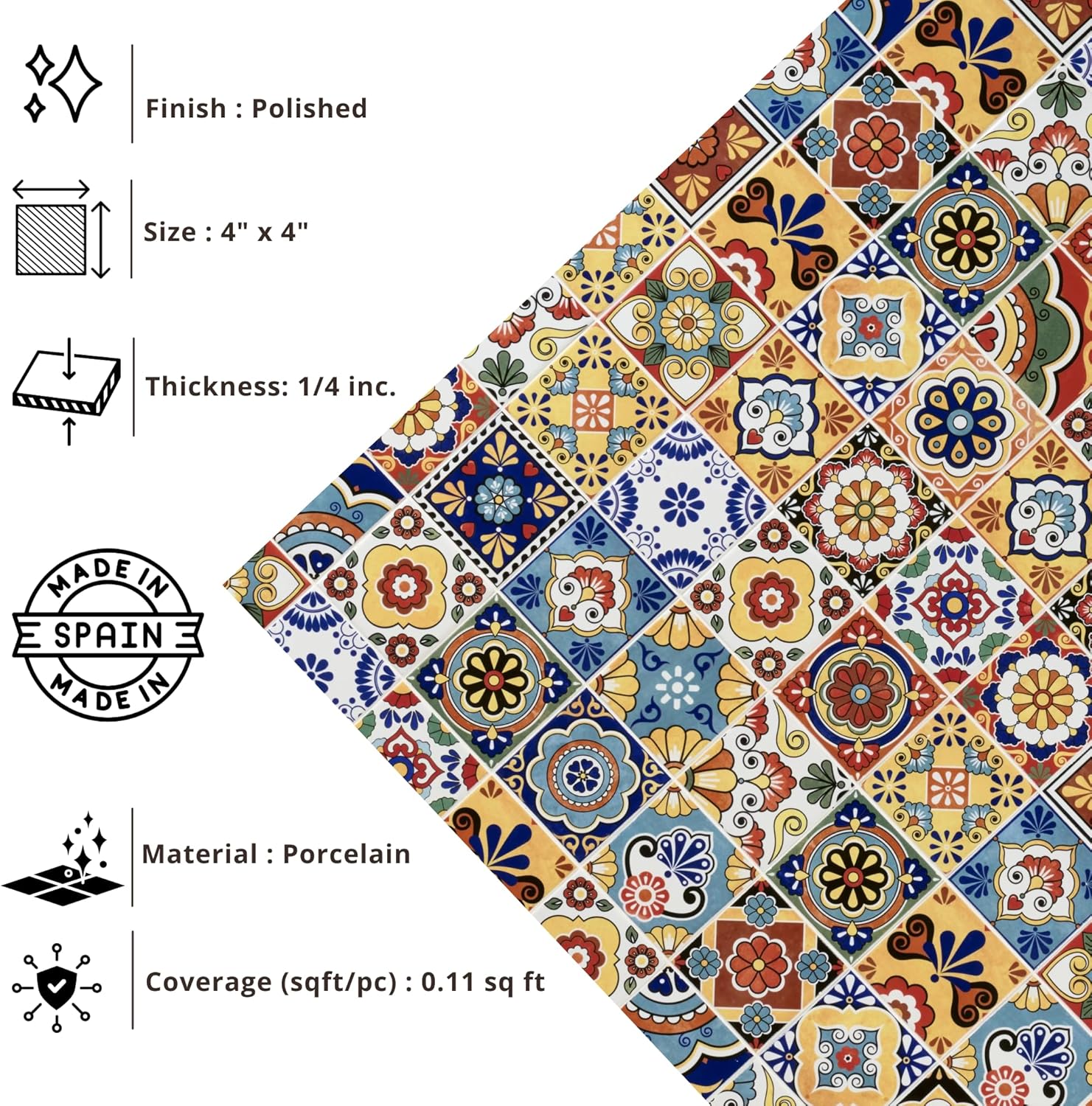 Tenedos HTCFD Heritage Mediterranean Patchwork 4x4 Polished Tile – Vintage Pattern Wall Tile for Kitchen Backsplash, Bathroom, Fireplace & Accent Areas (9 Pieces - 1 Sqft)