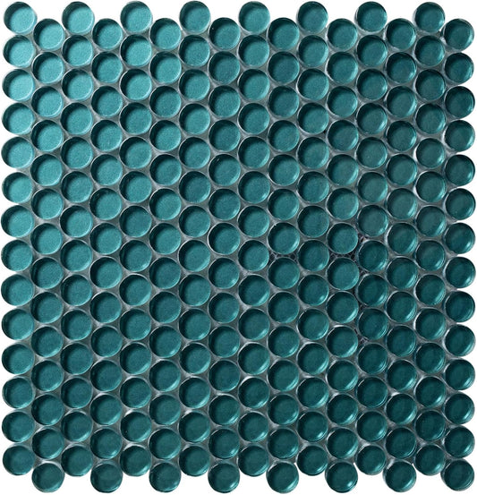 Tenedos HTC333 Shimmer Glossy Penny Round Glass Mosaic Tile 12x12 Sheet for Bathroom Wall, Shower, and Kitchen Backsplash – Sparkling Reflective Finish