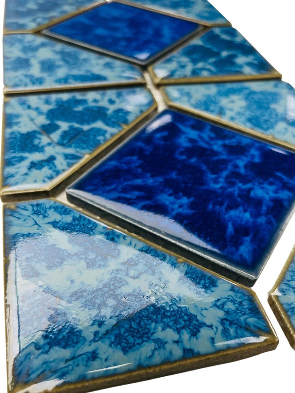Aqua Marine with Marble Blue Diamond Porcelain Lineup Border Pool Wall Tile Backsplash on 6x12 Mesh Easy Installation for Kitchen, Bathroom, Accent Decor
