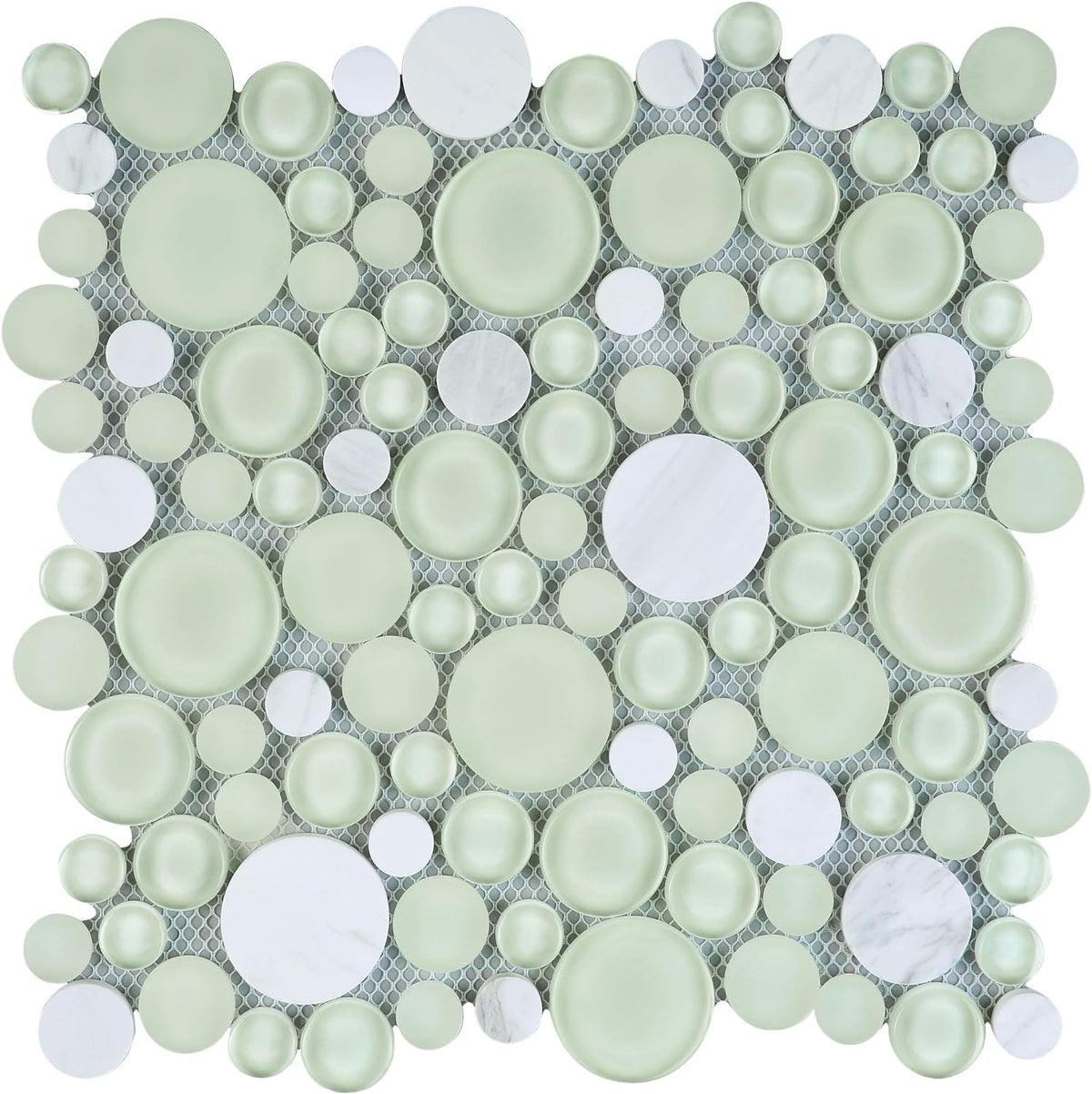 Random Circle Glass Mix Stone Mosaic wall Tile in Mint Green and White