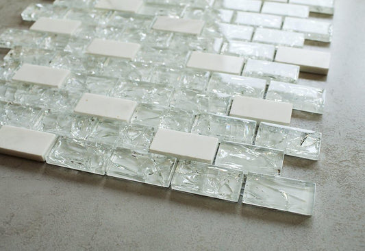 Broadway White Tablecloth 1 in. x 2 in. Mesh-Mounted Glass & Marble Mosaic Tile - Box of 5 sqf