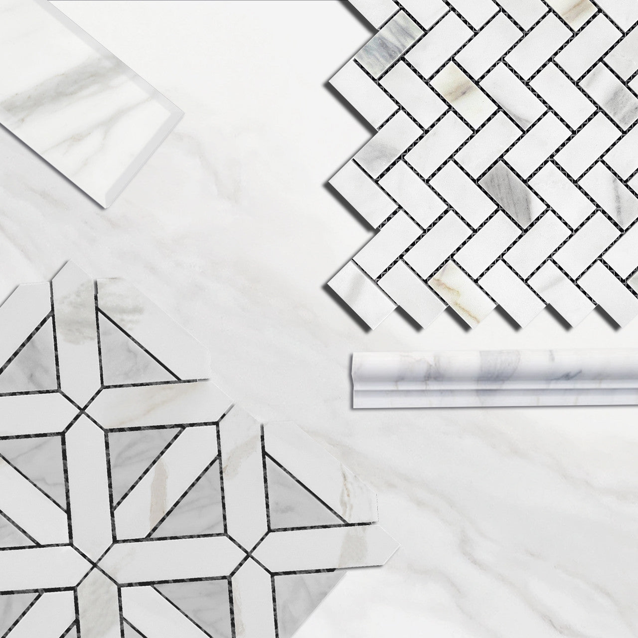 Calacatta Gold Italian Marble with Carrara White Triangles Geometrica Mosaic Tile Polished (Glossy)