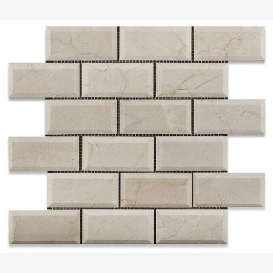 Tenedos Crema Marfil 2x4 Beveled Polished/Honed Brick Mosaic Tile- 1 piece