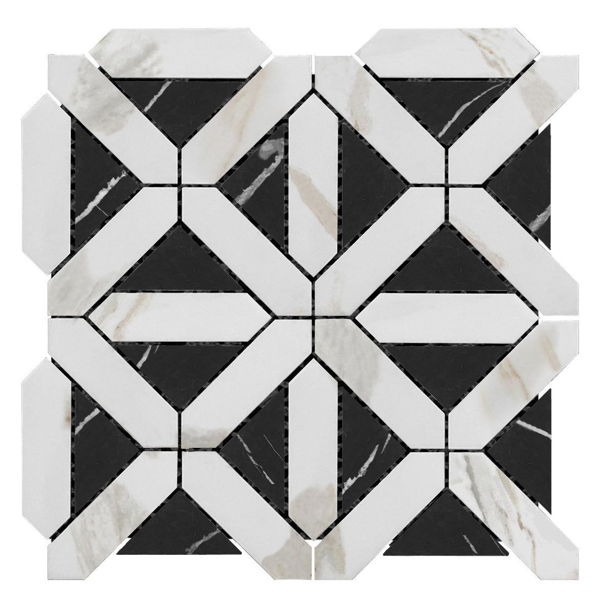 Calacatta Gold Italian Marble with Nero Marquina Black Triangles Geometrica Mosaic Tile Honed (Matte)