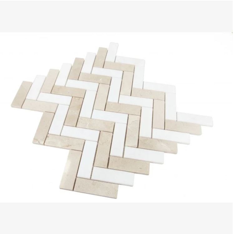Crema Marfil & Thassos White Marble Herringbone 1X3 Mosaic Polished/Honed 1 piece