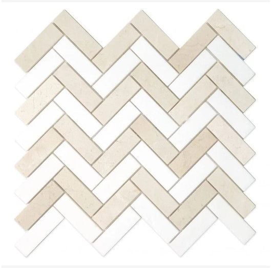 Crema Marfil & Thassos White Marble Herringbone 1X3 Mosaic Polished/Honed 1 piece