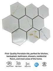 Tenedos Milano 4" Calacatta Gold Look Hexagon Porcelain Floor & Wall Tile for Kitchen Backsplash, Bathroom Shower, Accent Wall