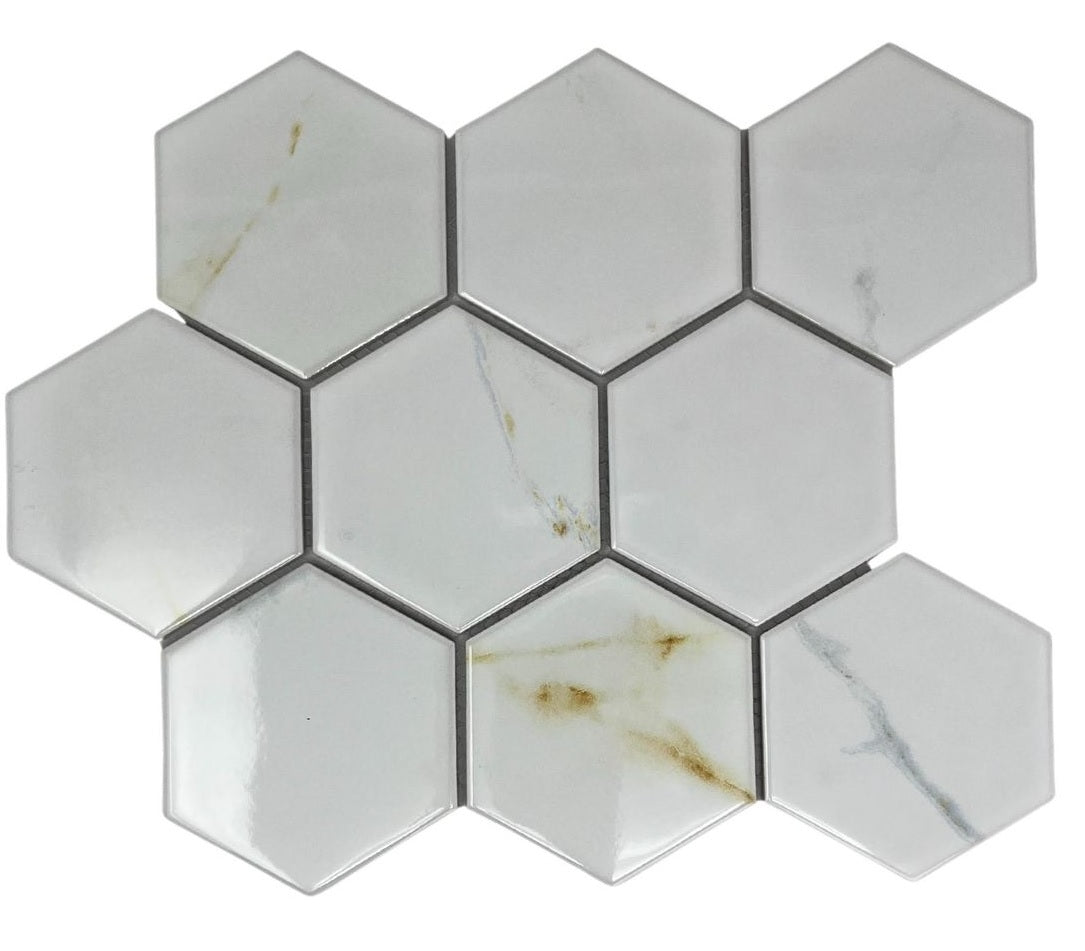 Tenedos Milano 4" Calacatta Gold Look Hexagon Porcelain Floor & Wall Tile for Kitchen Backsplash, Bathroom Shower, Accent Wall