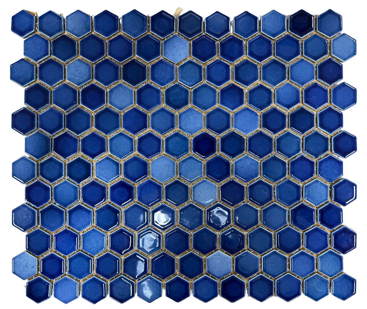 Tenedos Tropical Navy Blue Hexagon Glossy Porcelain Mosaic Wall Floor Tile, Decor