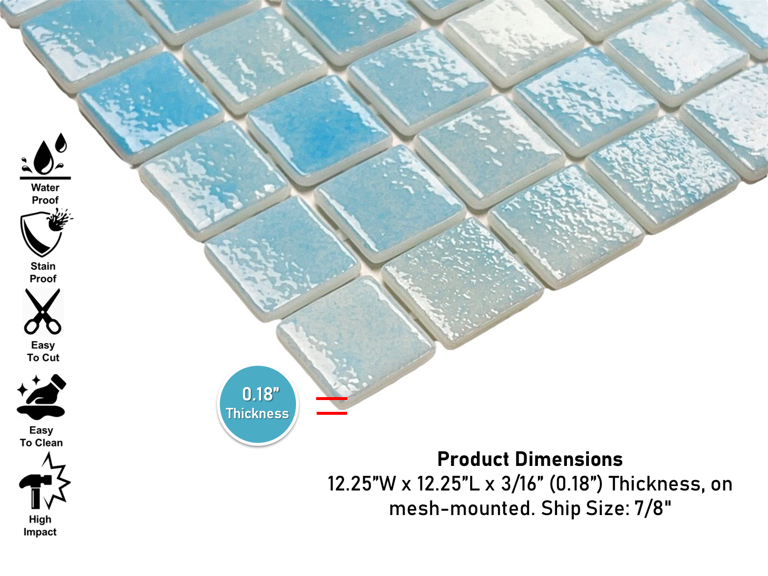 Tenedos Sky Blue Recycled Glass Mosaic Wall Floor Tile Square 7/8 Inch Pattern for Kitchen Backsplash, Swimming Pool Tile, Bathroom Wall, Accent Wall