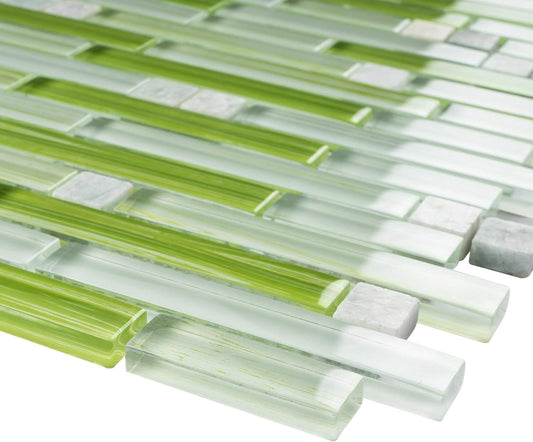 TNLQG-04 Apple Green Glass Stripe Floral Mosaic Wall Tile -Kitchen and Bath backsplash