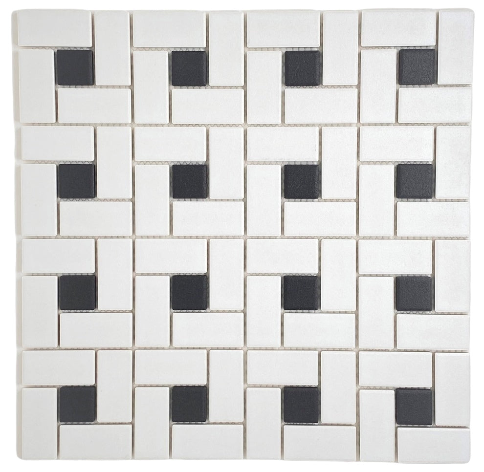 Matte White Porcelain Pinwheel Mosaic Tile with Light Black Dots - Unglazed Floor & Wall Tile for Bathroom (1 Sheet)
