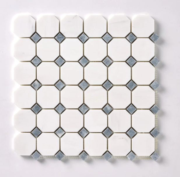 Bianco Dolomite Octagon with Gray Dots Mosaic Polished