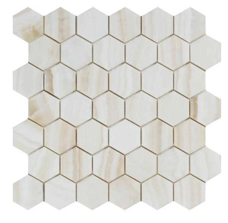 White Onyx Vein Cut 2" Hexagon Polished Mosaic
