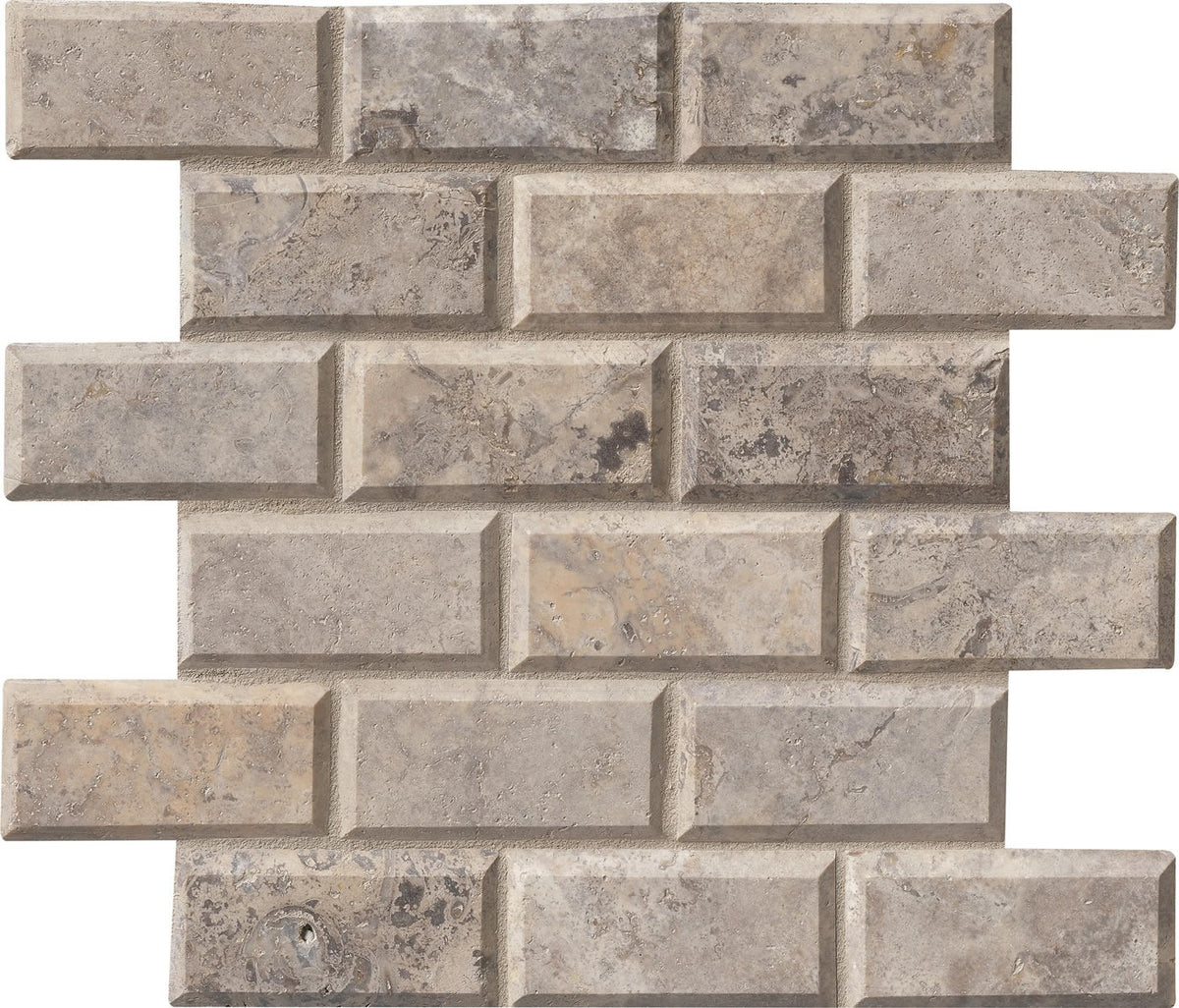 Silver Travertine Stone 2x4 Brick Honed Beveled Wall Floor Tile for Fireplace, Pool Tile, Kitchen Backsplash, Bathroom Wall (Box of 10 sq.ft)