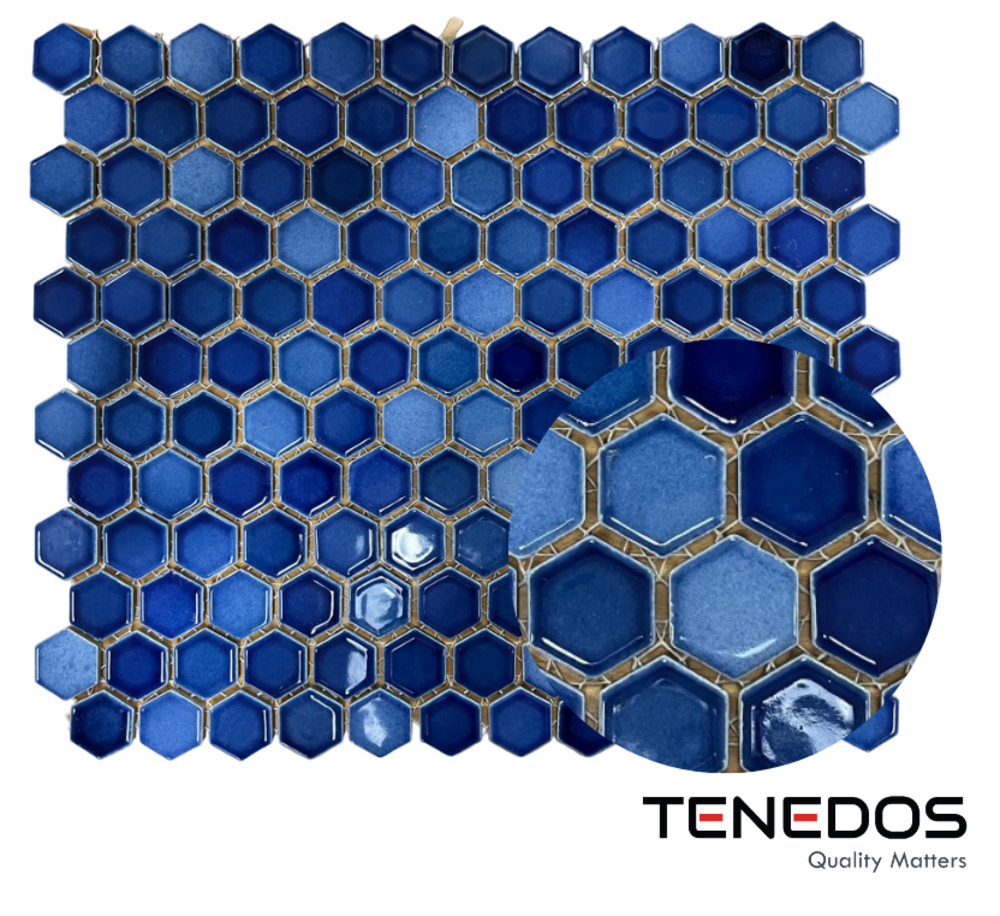 Tenedos Tropical Navy Blue Hexagon Glossy Porcelain Mosaic Wall Floor Pool Tile for for Kitchen Backsplash, Bathroom Shower, Accent Decor