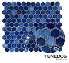 Tenedos Tropical Navy Blue Hexagon Glossy Porcelain Mosaic Wall Floor Pool Tile for for Kitchen Backsplash, Bathroom Shower, Accent Decor