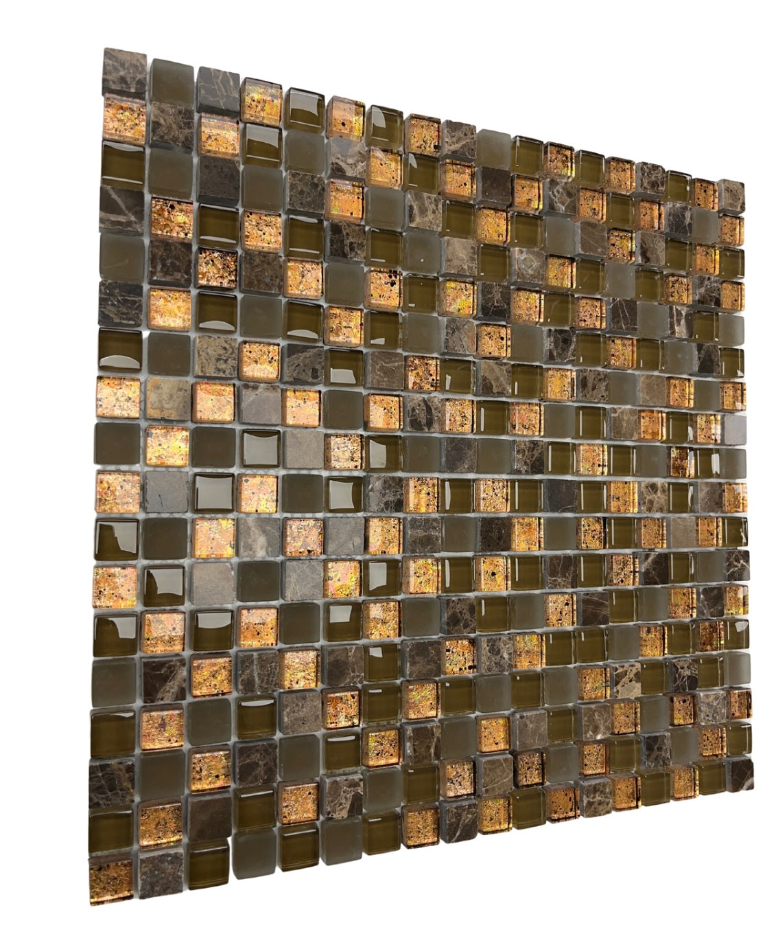 Tenedos Square 5/8 Dark Emperador Marble with Brown Frosted and Bronze Copper Glass Wall Decor Tile for Kitchen Backsplash, Bathroom Shower, Accent Wall