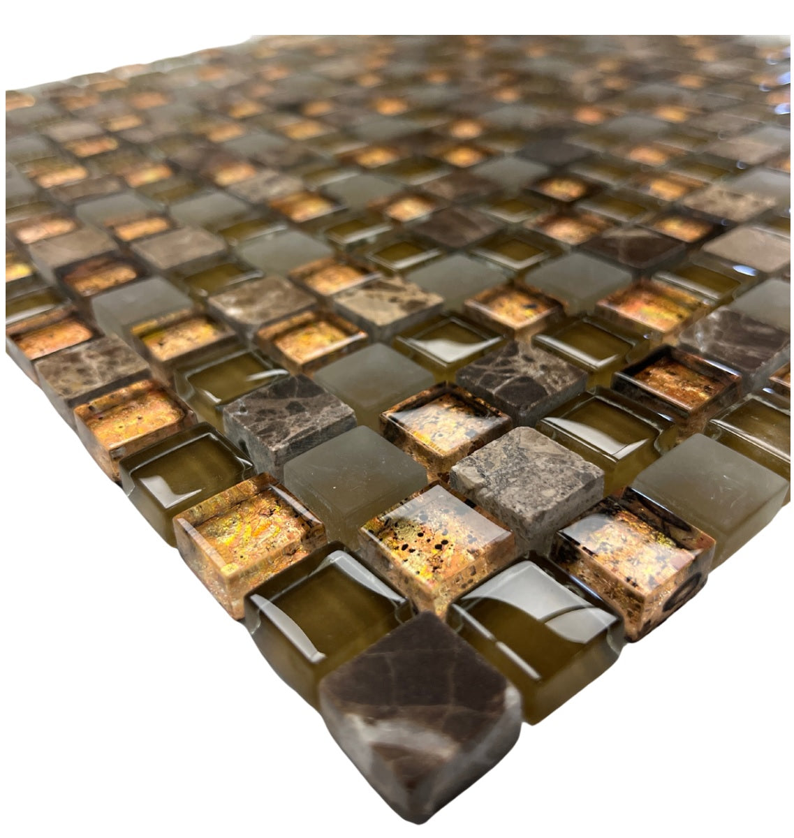 Tenedos Square 5/8 Dark Emperador Marble with Brown Frosted and Bronze Copper Glass Wall Decor Tile for Kitchen Backsplash, Bathroom Shower, Accent Wall