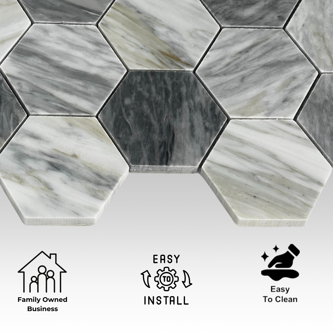 Tenedos Hematite Calacatta Hexagon Polished Marble Mosaic Tile