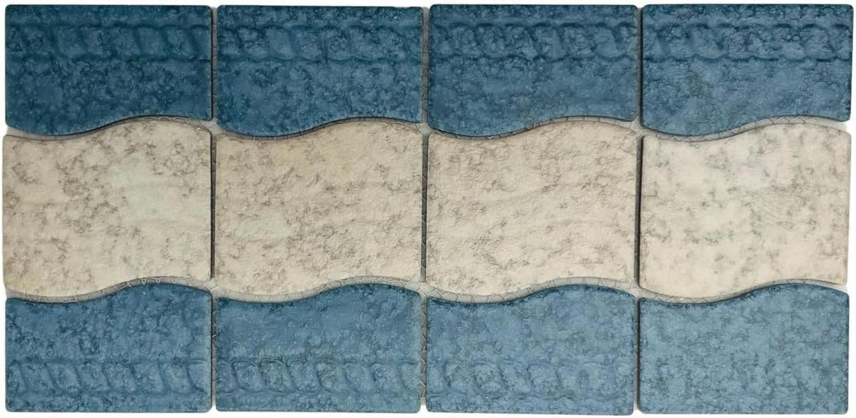 Wavy Almond and Blue Matte Porcelain Border Pool Wall and Floor Tile on 6x12 Mesh Mounted for Easy Installation for Bathroom, Backsplash, Kitchen