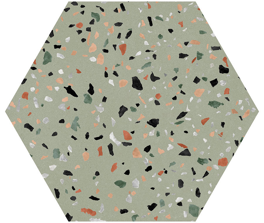 Abstract Salvia 8x9 Matte Hexagon Porcelain Tile for Kitchen Backsplash, Bathroom Wall, Shower, Fireplace, Indoor Floor & Wall, Modern Terrazzo Look
