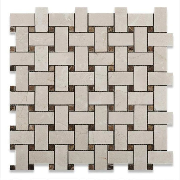 Tenedos Crema Marfil Basketweave Mosaic with Emperador Dark Dots Polished/Honed