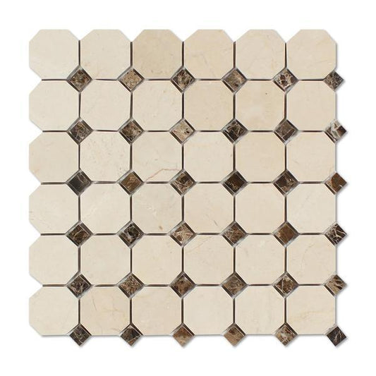 Crema Marfil Octagon w/ Emperador Dark Dots Polished Mosaic Tile- 1 piece