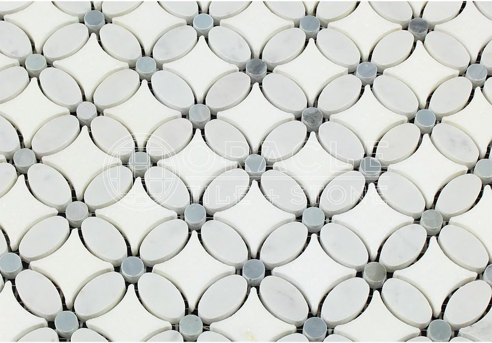 Carrara White Italian (Bianco Carrara) Marble Florida Flower Mosaic Tile with Blue & Gray Marble Dots, Polished