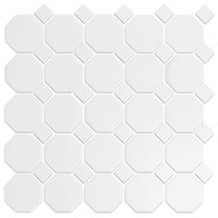 2x2 White Octagon with white Dots Porcelain Mosaic Floor Wall Matte Backsplash for Kitchen, Bathroom Shower, Accent Decor, Fireplace