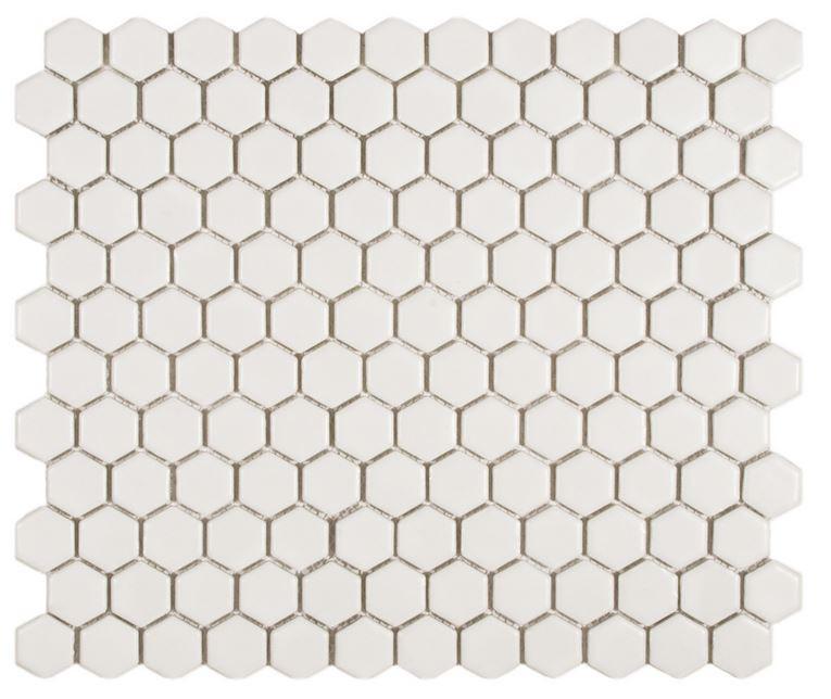 White 1" Hexagon Porcelain Mosaic Floor and Wall Tile on mesh Sheet for Kitchen Backsplash, Bathroom, Accent Wall