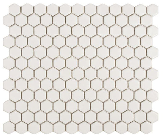 White 1" Hexagon Porcelain Mosaic Floor and Wall Tile on mesh Sheet for Kitchen Backsplash, Bathroom, Accent Wall