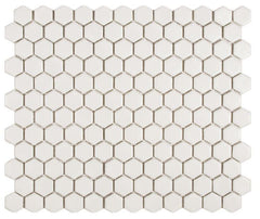 White 1" Hexagon Porcelain Mosaic Floor and Wall Tile on mesh Sheet for Kitchen Backsplash, Bathroom, Accent Wall