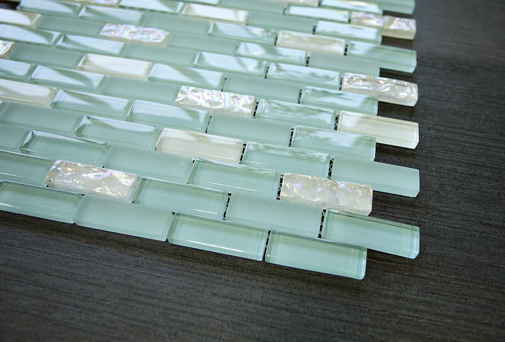 1/2 x 2 Brick Pattern Glass Tile; Color: Sky Blue & White Glass Tile