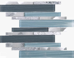 Glossy Blue Glass and Greyish Stone Random Brick Straight Pattern Glass Mosaic Tiles for Bathroom and Kitchen Walls Kitchen Backsplashes - Tenedos