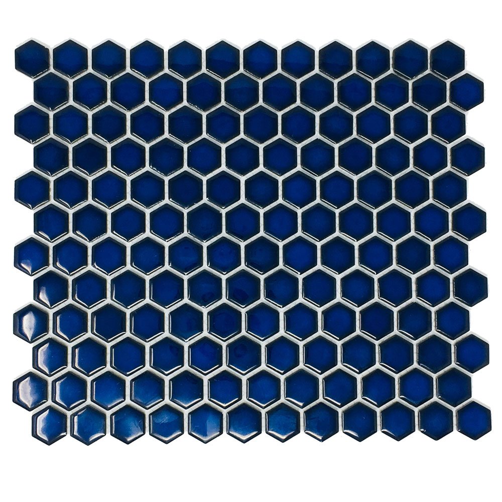 Hexagon Cobalt Blue Porcelain Floor Wall Tile Glossy Look 1'' Inch (Box of 10 Sheets) for Backsplash Kitchen, Bathroom Shower, Accent Wall