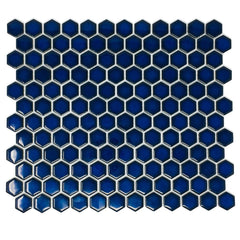 Hexagon Cobalt Blue Porcelain Floor Wall Tile Glossy Look 1'' Inch (Box of 10 Sheets) for Backsplash Kitchen, Bathroom Shower, Accent Wall