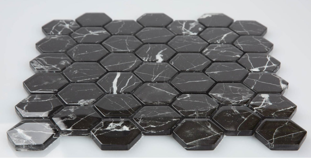 2" NERO MARQUINA HEXAGON MOSAIC GLASS - (11 SHEETS)