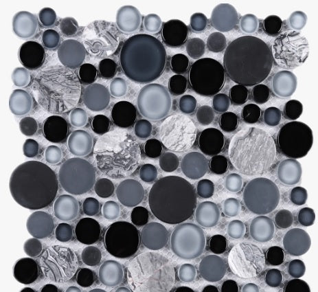 Tenedos Midnight Bardiglio Gey Black Bubble Random Round Marble and Glass Mosaic Wall Tile for Kitchen Backsplash, Bathroom Shower, Accent Decor