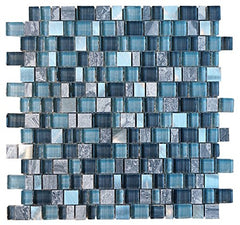 Glossy Blue and Blue Stone Random Brick Cubes Pattern Glass Mosaic Tiles for Bathroom and Kitchen Walls Kitchen Backsplashes (Tenedos)